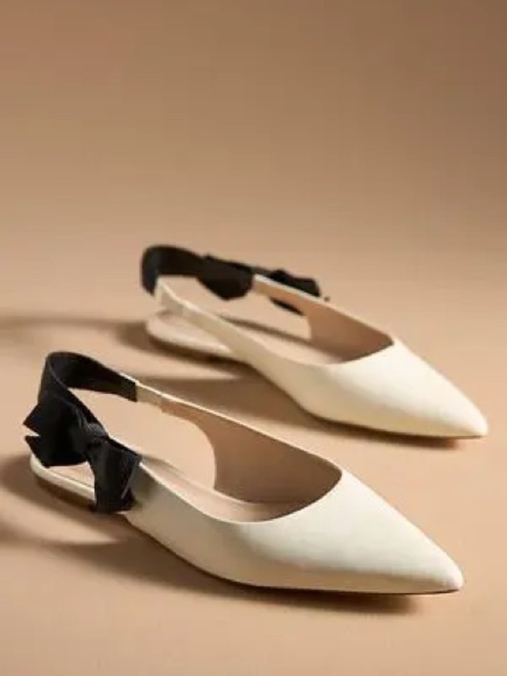 Anthropologie Maeve Pointed Cream Slingback Flats with Black Bow Accent Size 7